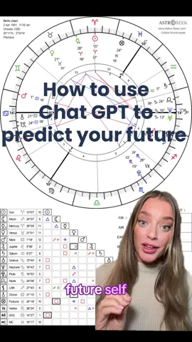 How to predict your future with Chat GPT and your astrology birth chart. Thanks @fionaleona_ for putting me onto this                             #astrology #astrologychart #astrologytiktok #zodiacsigns #birthchart #birthchartreading #astrologyvibes #chatgpt #girlsbelike #prediction #greenscreen 