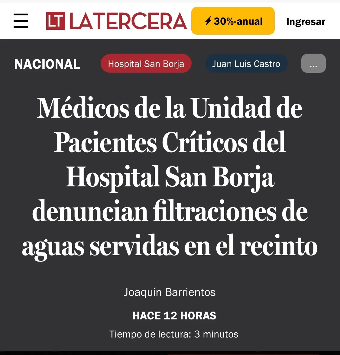 Médicos de la Unidad de Pacientes Críticos del Hospital San Borja denuncian filtraciones de aguas servidas en el recinto