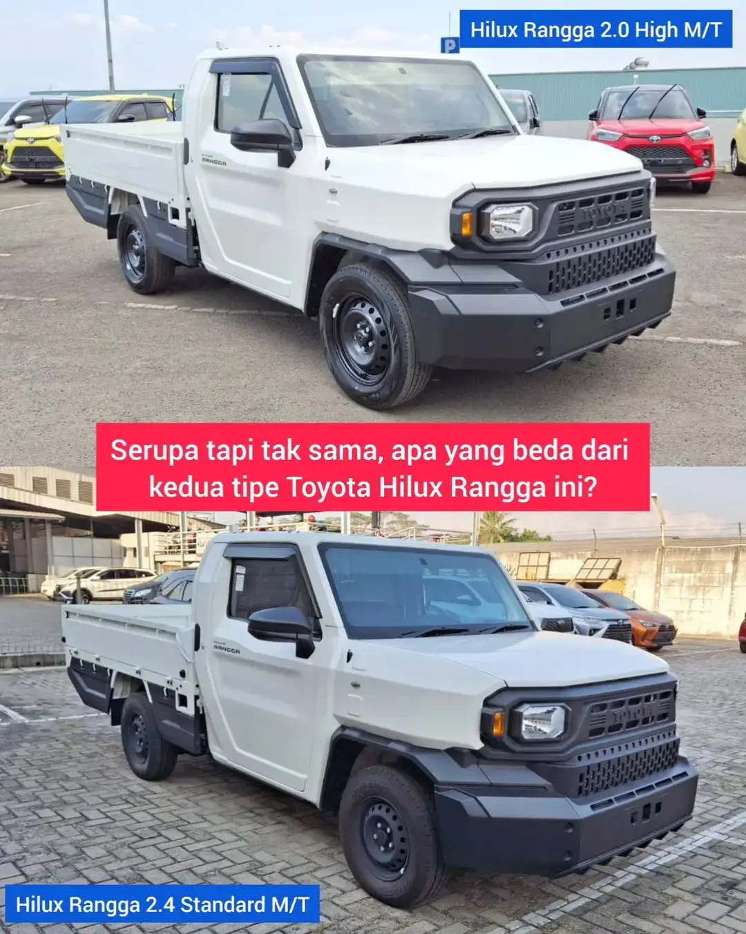 Sekilas dua unit Toyota Hilux Rangga kelihatan sama saja, tapi kalau dilihat lebih detail sih berbeda ya. Unit bagian atas ini adalah tipe 2.0 High M/T alias tipe bensin tertinggi, dan bagian bawah tipe 2.4 Standard M/T. Perbedaan utama kedua tipe ini adalah mesinnya, di mana tipe 2.0 High M/T menggunakan mesin 1TR-FE seperti Innova Reborn yang bertenaga 139 PS torsi 183 Nm, sedangkan tipe 2.4 Standard M/T bermesin 2.400 cc 2GD-FTV tenaga 149 PS torsi 343 Nm. Pada bagian eksterior, tipe High punya pelek berukuran lebih besar yaitu 16 inci dengan ban 215/65 R16, dan tipe Standard pakai pelek lebih kecil cuma 14 inci dengan ban 195 R14. Kemudian tipe High baknya cuma bisa dibuka satu sisi (1 Way), sedangkan tipe Standard juga ada opsi buka tiga sisi (3 Way). Ada dua perbedaan utama antara tipe High dan Standard di bagian interior, yaitu setir dan jok. Kalau tipe High pakai setir Fortuner & Hilux serta jok dengan headrest menyatu, tipe Standard setirnya mirip kepunyaan Yaris & Corolla versi sangat basic, dan joknya tanpa headrest sama sekali. Tipe 2.0 High M/T juga mendapatkan fitur ekstra yang tidak ada di tipe 2.4 Standard M/T, seperti AC, dual SRS airbag, dan ABS+EBD, namun belum ada fitur super extra macam LED headlamp, orange ornaments, HU double DIN, transmisi matik, dan power window yang ada di tipe 2.4 High A/T. Berikut adalah estimasi harga jual Hilux Rangga: - 2.0 Standard M/T 1 Way Rp 199,6 juta - 2.0 Standard M/T 3 Way Rp 200,6 juta  - 2.0 High M/T Rp 221,7 juta - 2.4 Standard 1 Way M/T Rp 256,8 juta - 2.4 Standard 3 Way M/T Rp 257,8 juta - 2.4 High M/T Rp 287 juta - 2.4 High A/T Rp 307,8 juta Artinya kedua tipe tadi punya selisih harga sekitar Rp 35-36 jutaan. Oh ya, pickup ini juga ada versi cab chassis yang tersedia di tipe Standard dan High A/T. More Info : 📞 call : 088211567518 https://linktr.ee/EDDIE_TOYOTA  *Member Of Astra* PT Astra International Tbk TSO - Auto2000 Sudirman Menara Astra Jl. Jend Sudirman Kav 5 Jakarta Pusat https://auto2000.co.id/dealer-toyota/jakarta-pusat/auto2000sudirman/sales-advisor/edi-supriyadi-00061463