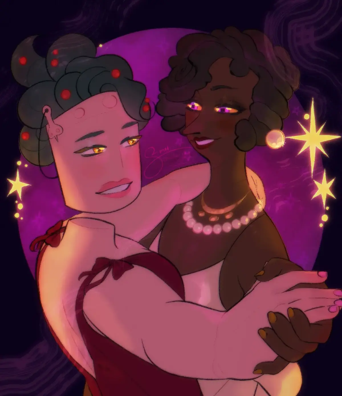 My cuphead oc's Holly and Palina! Other a gardener... the other a singer in the casino 😌🤌 and they live happily together no angst no nothing all fluff, kisses and cuddles. Certainly Palina has sold her soul and will go to hell when she dies but shes not dead yet is she 🤨 they can live happily grow old together untill death seperates them 🥰😚  man I wish I was a happy lesbean instead pf a anxious kinda gay man, idk i haven't thought about my attraction further than cartoon men are hot. ° ° #cuphead #cupheadshow #cupheadoc #occuphead #oc #ocdesign #originalcharacter #illustration #Love #ship #Relationship #digitalillustration 