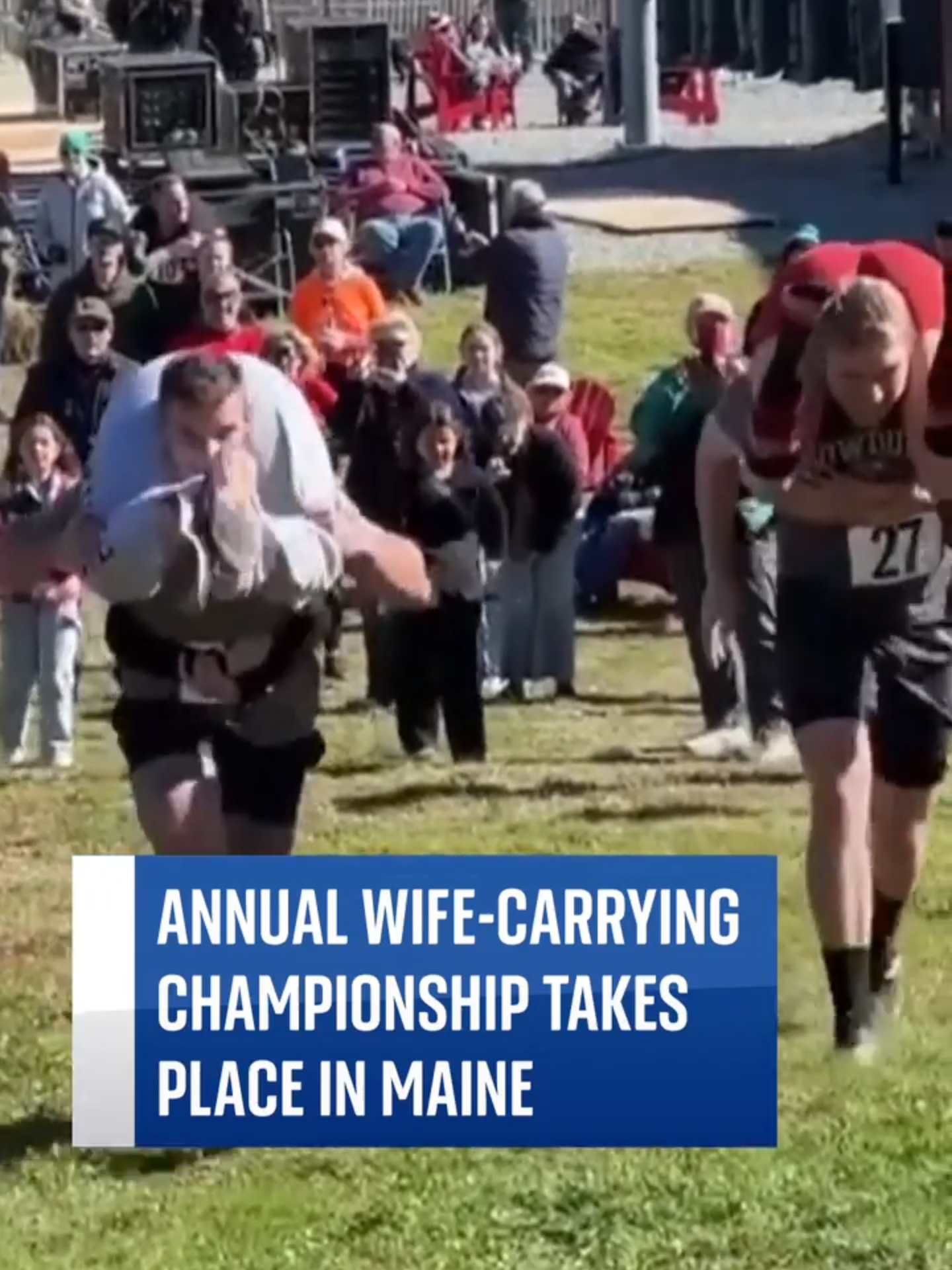 A wife-carrying championship has taken place in the US, with the winner receiving beer and five times the wife's weight in cash.