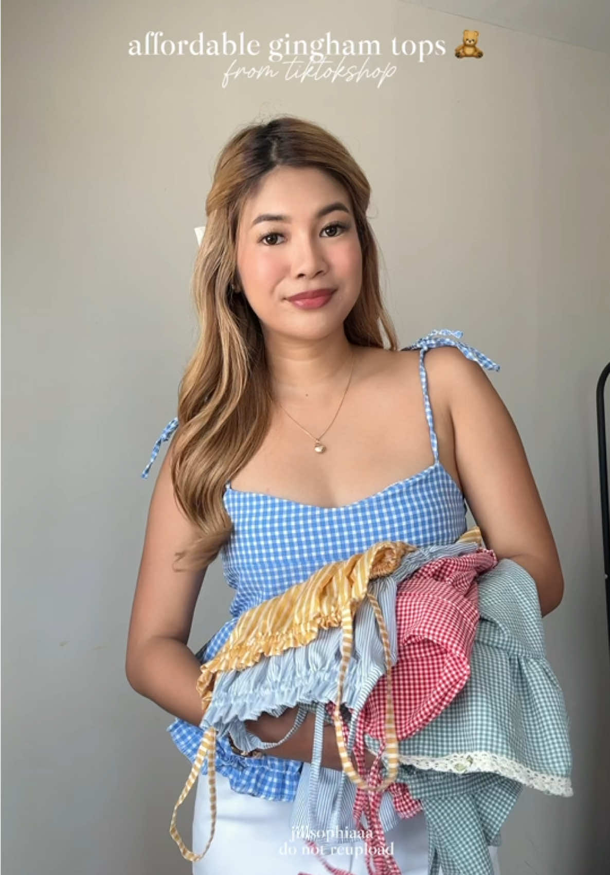 affordable tops i got from tiktokshop 🧸✨ #tiktokfinds #outfitreco #titaoutfits #ginghamtop #linentops #gingham #peplumtop 