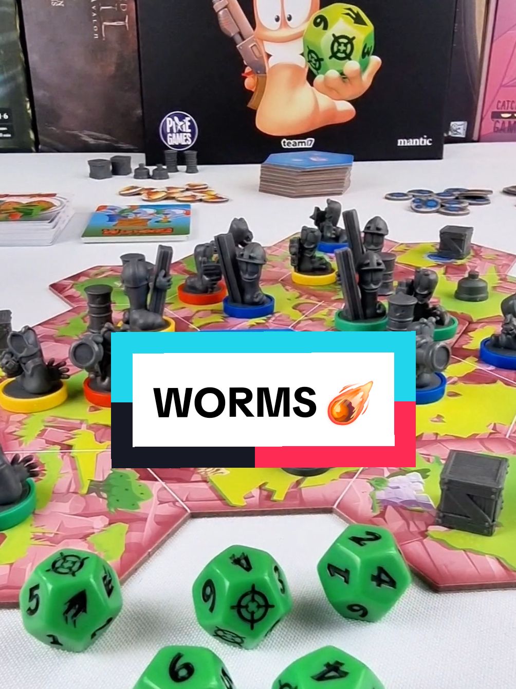 Worms Le Jeu de Plateau est un jeu de société, dans l'univers du célèbre jeu vidéo, où vous devez anéantir l'équipe de vers de terre de vos adversaires. 
 Jouable de 2 à 4 joueurs.
 Conseillé à partir de 10 ans
 Prix moyen : 50€
 Auteurs : Jack Caesar, Matt Gilbert
 Illustrateur : Jose David Lanza Cebrian
 Editeur : Pixie Games 
 #jds #j2s #jeudesociété #jeux #jeuenfamille #jeuentreamis #jeudambiance #jeufun  #jeudeplateau #boardgame #boardgameaddict #jeustupide #amis #friendgame #partygames #partytime #boardgametiktok #worms #team17 