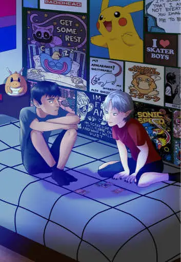 These are my Ocs Ares (black-haired) and Cameron (white-haired) as kids playing the Pokémon TCG :3   This is my first time to draw a background and ambience! I would appreciate your feedback :D The TikTok algorithm is kind of weird, OC drawings should get more attention I could cry.  - - - #Oc #ocs #ocart #art #arttok #digitalart #digital #animation #drawing #fyp #newart #color #background #illustration #bl #mlm #boyslove #lgbtq #lgbtqia