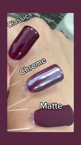 Classic, Chrome, or Matte which would you pick? Love how you can get 3 completely different Fall nail looks from one color ♥️ Cherry Mocha is the most popular nail color for Fall 2024🍂🍁🍂 #nails #dnd #chromenails #diynails #cherrymochanails #fallnails #nailinspo #minimalistnails 