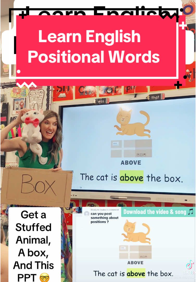 Learn English Words with my catchy song.  https://www.teacherspayteachers.com/Product/Position-Words-VideoSong-PowerPoint-11580999?st=fd60c3f903acc2855964cfdd74714bfa. ! #learnenglish #english #englishteacher #positions #englishword #englishwords #learnenglishdaily #teachertok #kindergartenteacher #mrssmithscatchysongs #learnenglishonline 