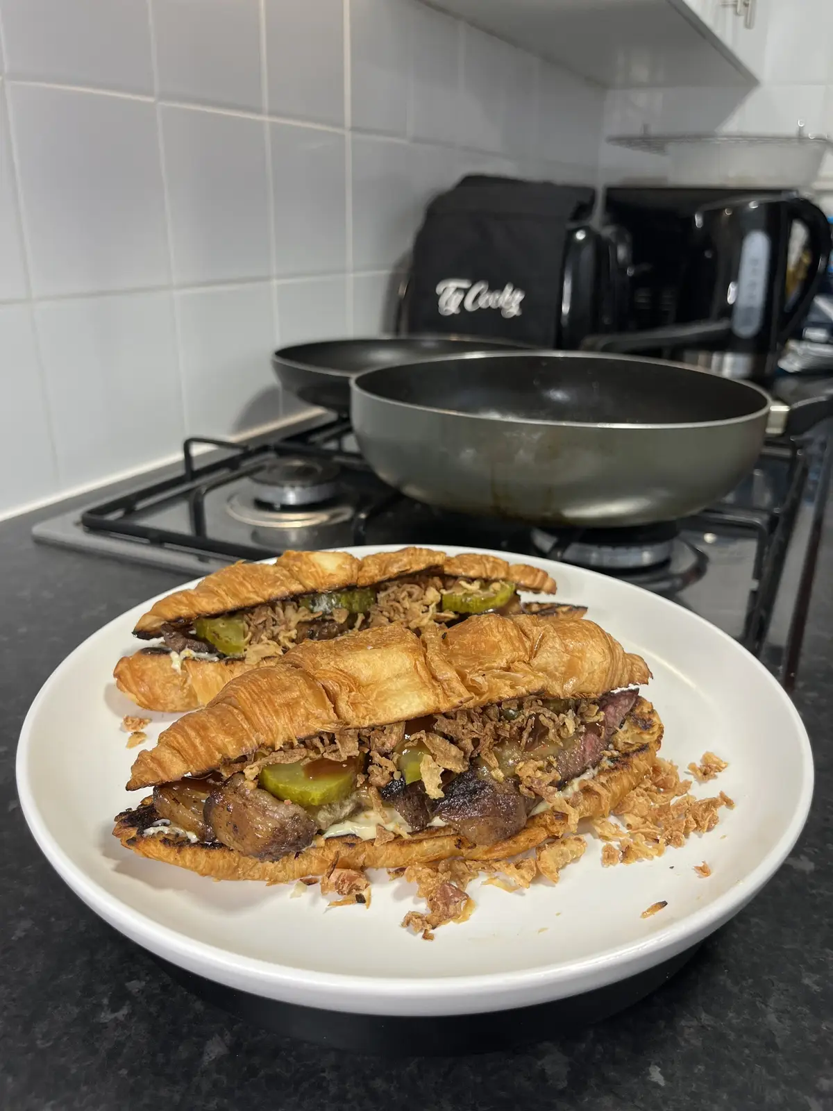 Main Ingredients - Croissants Steak Gherkins Crispy Onions BBQ Sauce Ketchup Garlic Mayo #croissant #steak #sandwich #lunch #lunchtime #lunchideas #fyp #food #Foodie #hungry #medium #beef #beefy #Recipe #cook 
