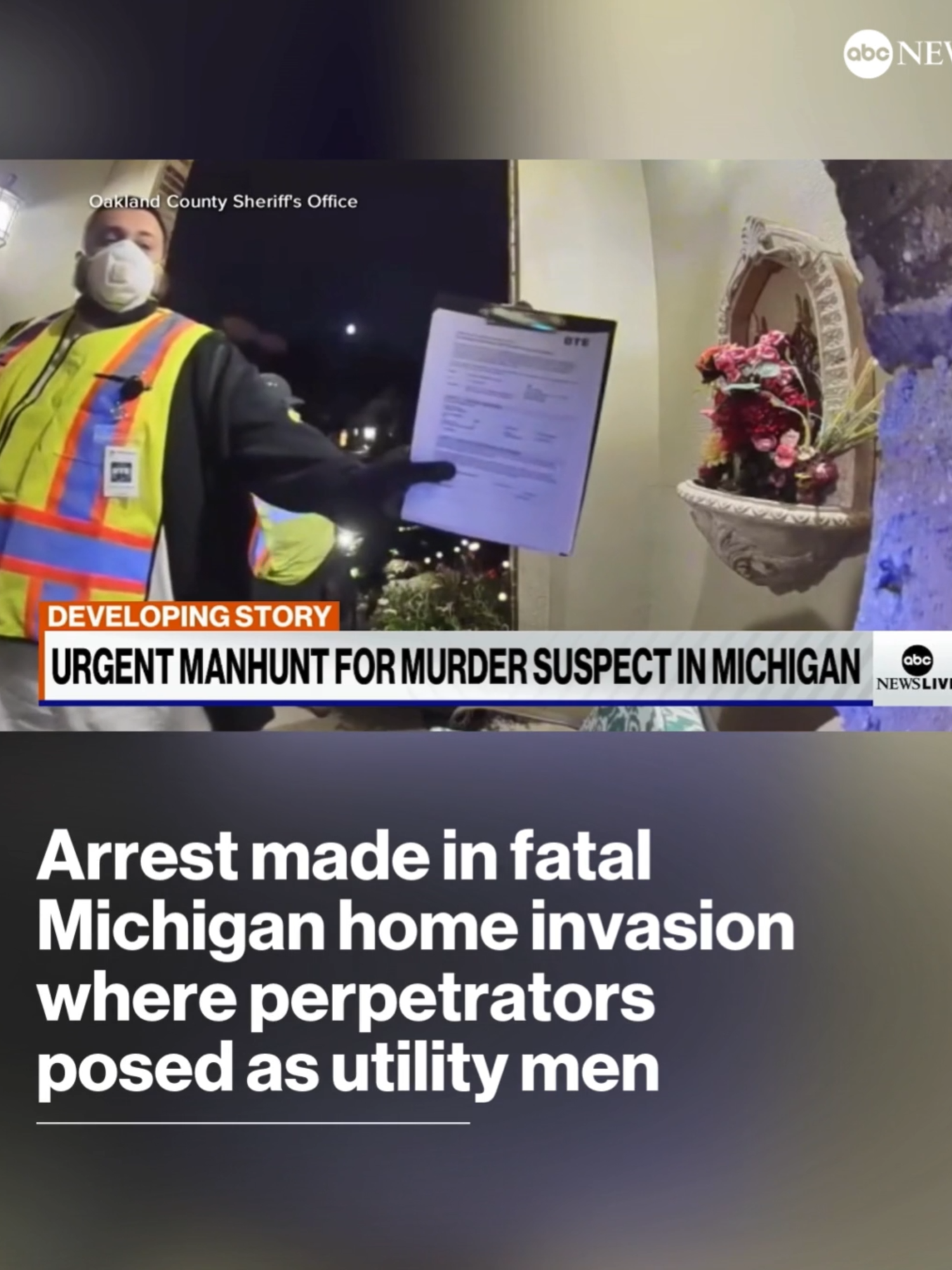 A suspect has been arrested and charged with murder in connection to a Michigan home invasion in which two men are believed to have gained entry by posing as utility workers. On Friday, a 72-year-old man was found dead in the basement of his Rochester Hills home, according to the sheriff's office. His wife, who called 911, had been tied up with her hands duct-taped. The second suspect remains at large, and the sheriff's office is urging anyone with information that could lead to an arrest to get in touch. #news #michigan