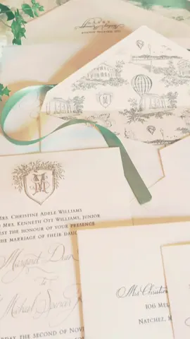 This one is so special. I got to create a custom toile pattern for my very best friend’s wedding. Her invitation suite is on another level of STUNNING. Not pictured in the video are all the happy tears 🥹 @Margaret 🌸  #bridetok #toiledejouy #natchez #illustration #chinoiserie #bridetobe #weddinginvitation 