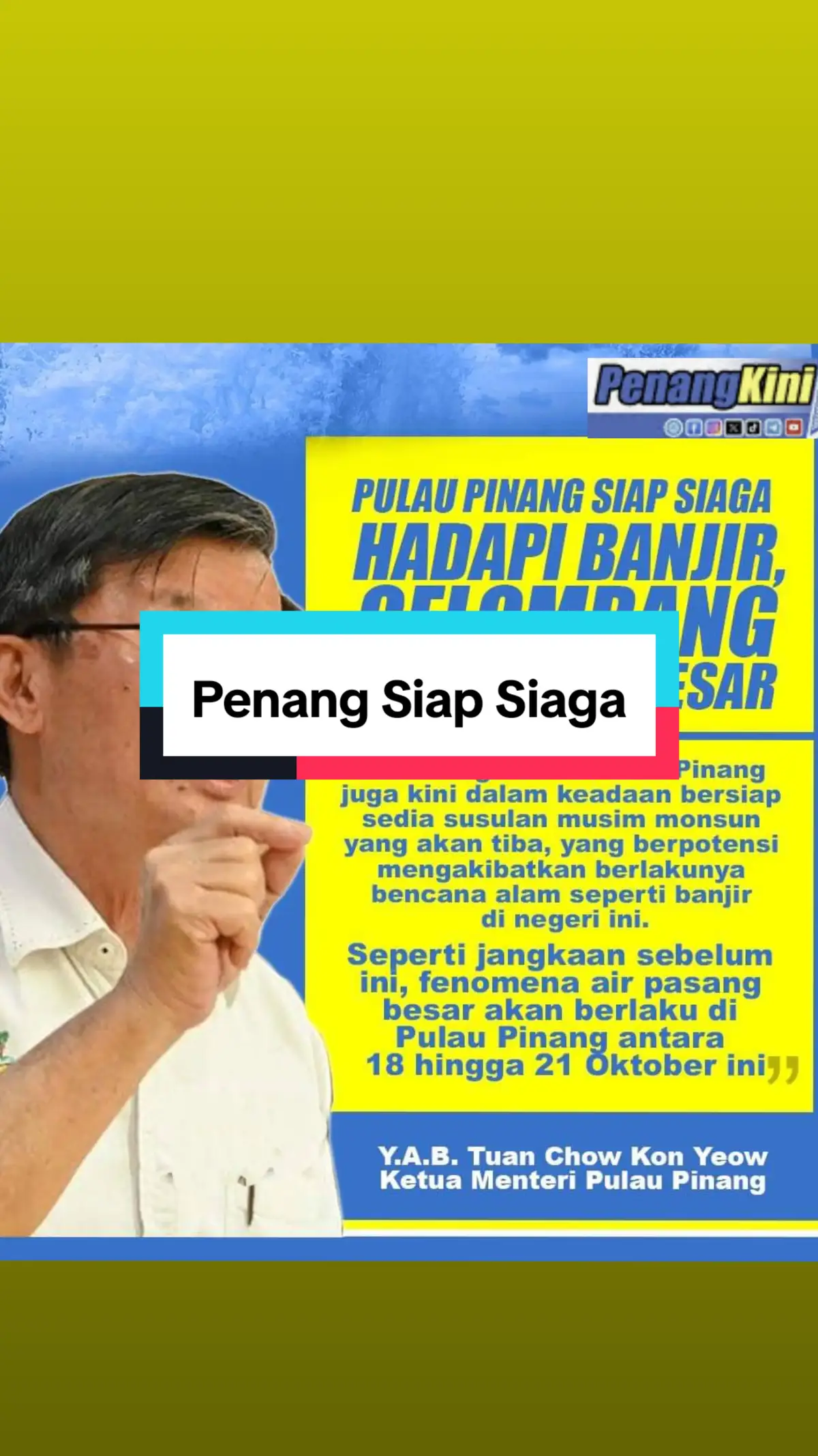 Unit Pengurusan Bencana Pulau Pinang akan memantau ramalan dan amaran daripada Jabatan Meteorologi Malaysia (MetMalaysia) sempena musim Monsun Timur Laut yang dijangka bermula hujung bulan ini.  Ketua Menteri, Chow Kon Yeow, menyatakan tumpuan diberikan kepada persiapan menghadapi situasi luar jangka, termasuk penyediaan pusat pemindahan sementara (PPS) di lima daerah di Pulau Pinang. Semua agensi di negeri itu telah bersiap sedia bagi menghadapi potensi bencana alam seperti banjir, yang mungkin berlaku akibat monsun dan fenomena air pasang besar yang diramalkan antara 18 hingga 21 Oktober. Menurut Jabatan Pengairan dan Saliran (JPS), banjir kilat mungkin berlaku jika hujan lebat berlaku serentak dengan air pasang, yang dijangka mencapai paras antara 2.8 hingga 3.1 meter di kawasan pantai dan sungai utama di Pulau Pinang. *Makluman ramalan awal banjir dari JPS untuk Negeri Pulau Pinang, hati-hati kepada Warga SPU, Kepala Batas khasnya.  @chowkonyeow 