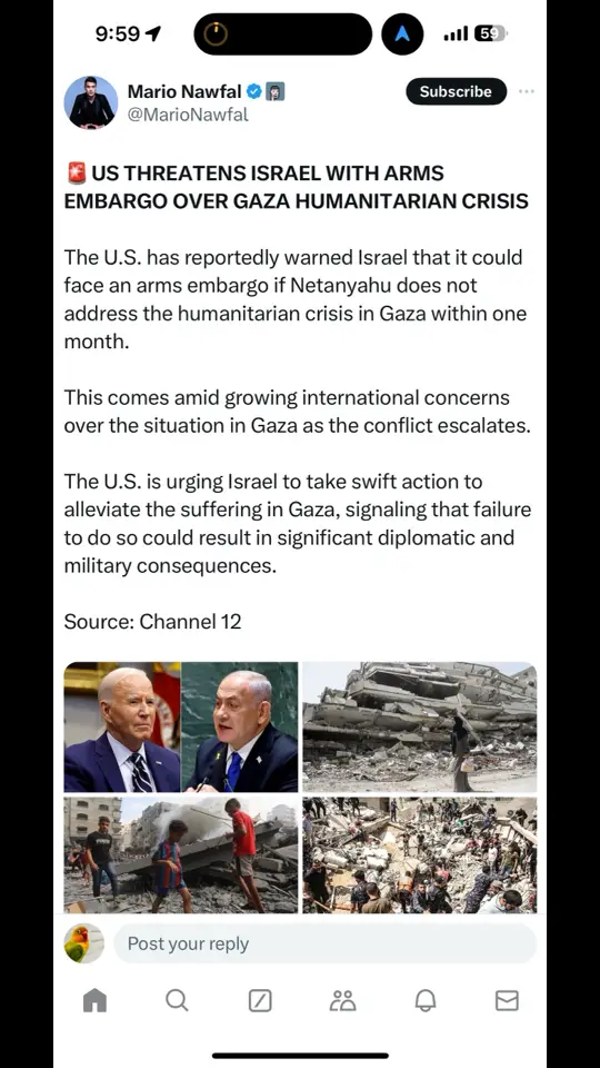 The U.S. has reportedly warned Israel that it could face an arms embargo if Netanyahu does not address the humanitarian crisis in Gaza within one month. This comes amid growing international concerns over the situation in Gaza as the conflict escalates. The U.S. is urging Israel to take swift action to alleviate the suffering in Gaza, signaling that failure to do so could result in significant diplomatic and military consequences. Source: Channel 12 #usa #news #breakingnews #biden #joebiden #kamalaharris #fyp 