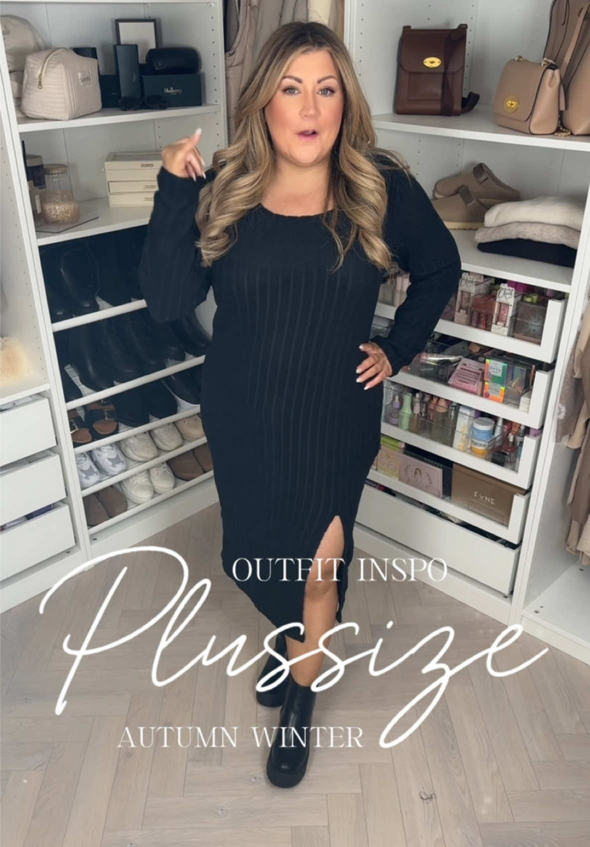 #plussize autumn winter #OutfitInSpo This #Dress plus size up to a size 26 under £10 and paired with these chunky wedge boots and long line trenchcoat make the cutest autumn outfit that will see you through to winter #jumperdress #casualdress #plussizeoutfit 