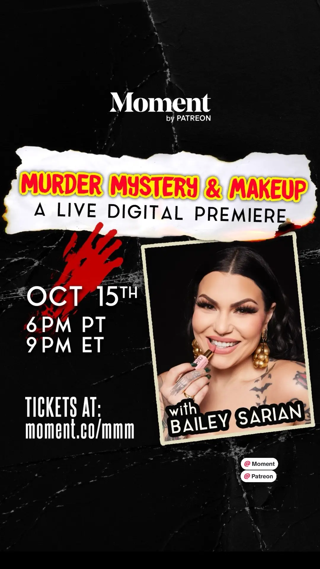 Hi friends! I’m bringing you the first ever LIVE MMM today at 6pm PDT. Did you get your ticket yet?? There’s still time to go to moment.co/mmm and grab your seat and buckle up baby! #murdermystery  #makeup  #glam #makeuptutorial  #baileysarian #livestream  #truecrime  #truecrimecommunity 