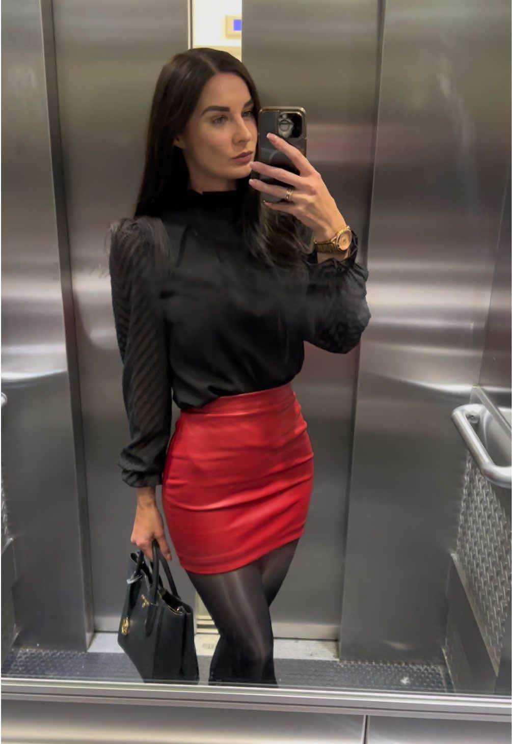 Styled my @PinkGrapes oil shine black tights with red faux leather skirt, black blouse and knitted ankle boots ❤️🖤 What occasions would you wear this outfit for? #fashiontiktok #autumnvibes #blacktightsmatter #leatherskirt #skirtoutfit #ankleboots #blackandred