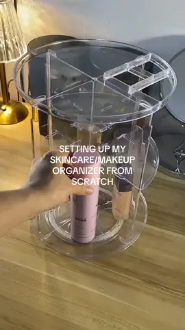 Part 2: Let’s set up my skincare/makeup rotating organizer from scratch.  #DIY #makeuporganizer #skincareorganizer #organizer #rotatingorganizer #howto #howtotiktok 