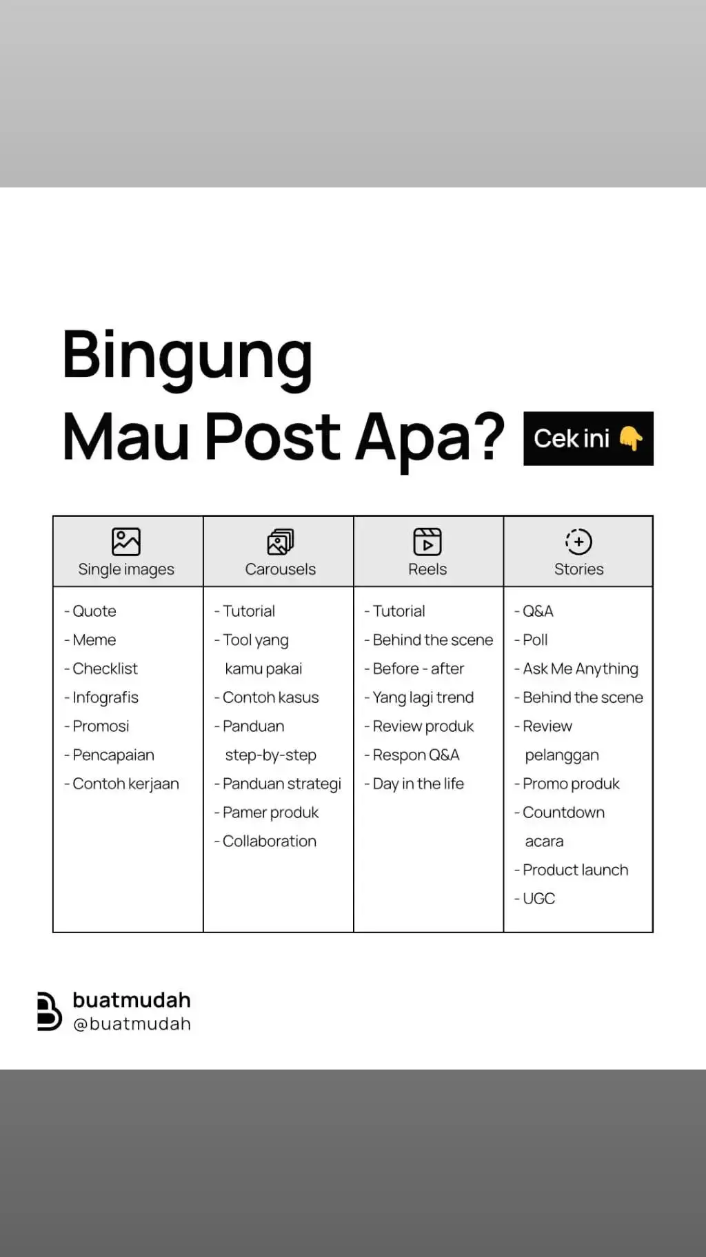 😕 Bingung mau posting apa? Coba cek panduan ini Mudah-mudahan bisa membantu ya #PengembanganDiri #Produktivitas #ContentCreator #ContentStrategy #kontenkreator #InstaTips #konteninstagram #kreatorvideo 