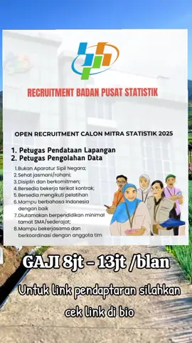 📢 Lowongan Kerja BPS 2025! 📊✨ Badan Pusat Statistik membuka rekrutmen mitra statistik untuk lulusan SMA/SMK semua jurusan! Jangan lewatkan kesempatan emas ini! 💼 Posisi yang dibutuhkan: 1️⃣ Petugas Pendataan Lapangan 2️⃣ Petugas Pengolahan Data 📝 Kualifikasi: ✅ Sehat jasmani & rohani ✅ Berkomitmen dan disiplin ✅ Siap bekerja sistem kontrak ✅ Mau ikut pelatihan jika diperlukan ✅ Lancar komunikasi & menulis Bahasa Indonesia ✅ Diutamakan lulusan SMA/SMK 🌐 DAFTAR ONLINE SILAHKAN KLIK LINK DI BIO KAMI#semogapyfツ #fyp #loker2024 #untukmu #lewatberandafyp #recruitmen #capcut #Loker #indonesia🇮🇩 #lowongankerja #lowongan #lowongankerja2024 #loker #viral #bumn #xyzbca #lewatberanda #pyfツviral_❤ 