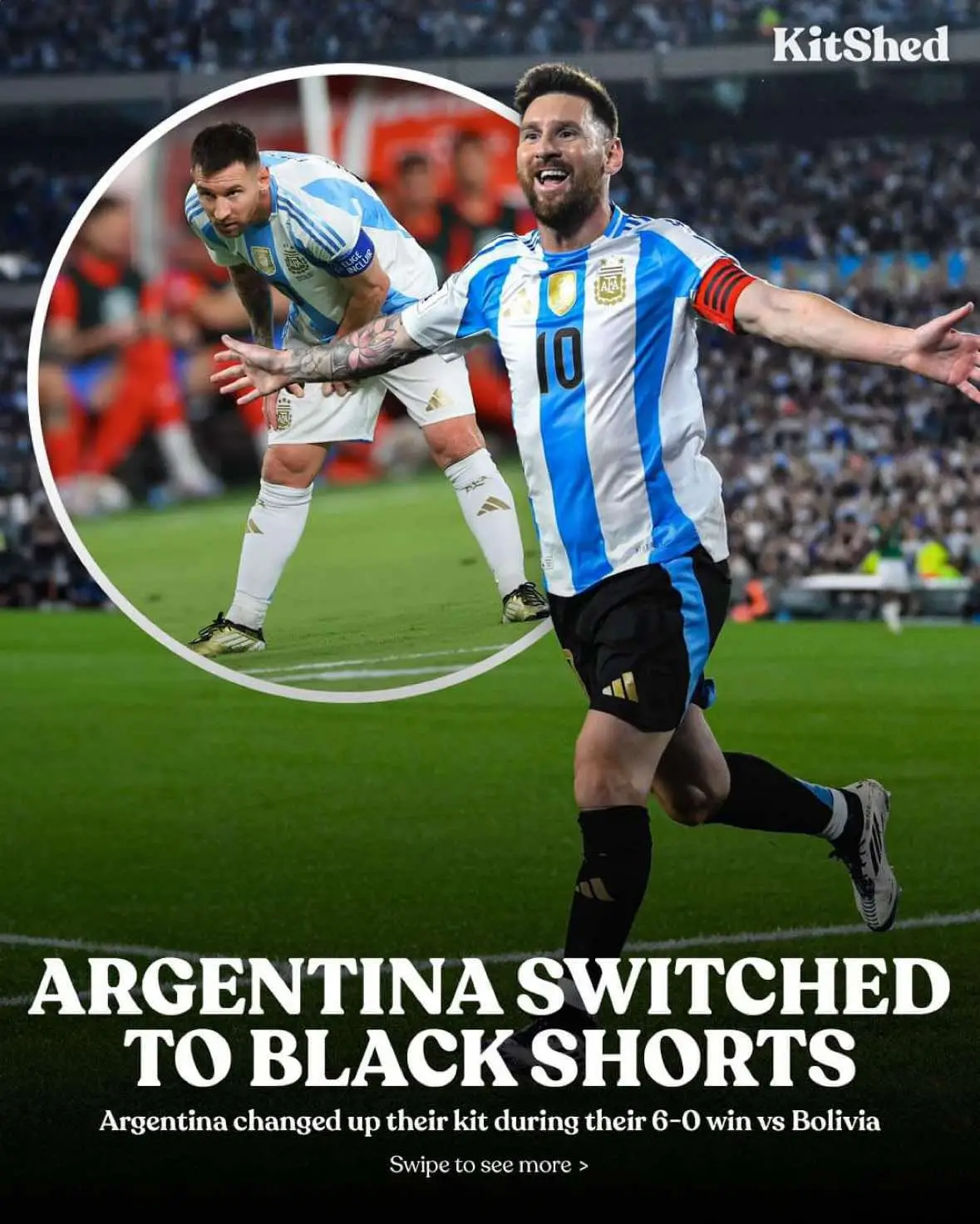 Argentina wore black shorts and socks during their 6-0 win over Bolivia last night to avoid a kit clash, but which colour combo looks better? #Argentina #Messi #FootballKits #FootballShirts #SoccerJerseys