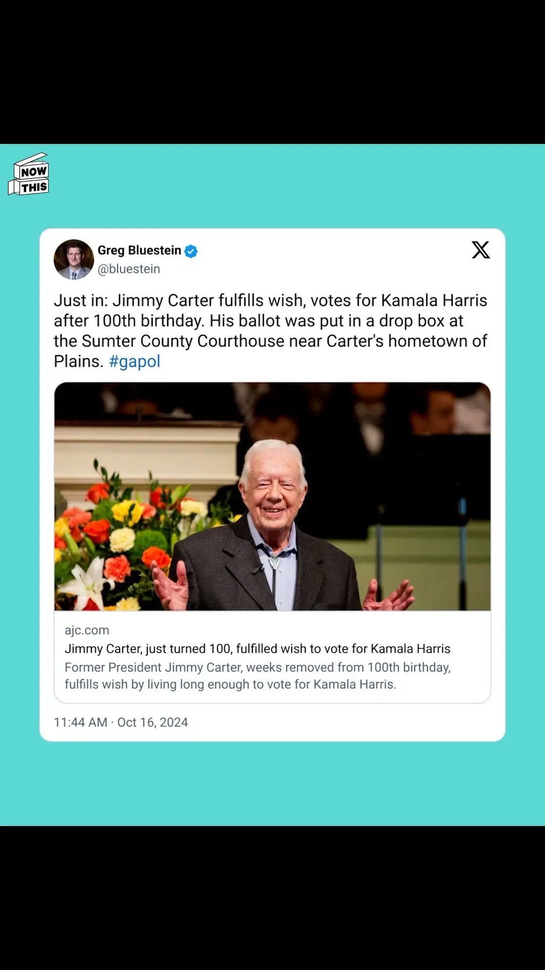 Former President Jimmy Carter has reportedly fulfilled his 100th birthday wish by living long enough to cast a mail-in ballot for Kamala Harris in Georgia. 🎉 A month before his birthday, the then-99-year-old Carter said that he wasn’t trying to stay alive to reach his milestone birthday on October 1. ‘He said he didn’t care about that,’ James Earl 'Chip' Carter III told The Washington Post. ‘It’s just a birthday. He said he cared about voting for Kamala Harris.’ Well, now Carter has seen that wish fulfilled. According to The Atlanta Journal-Constitution, Carter’s mail-in ballot was turned in at a ‘drop box at the Sumter County Courthouse near his hometown of Plains’ early on Wednesday, October 16. Georgia is one of 7 key swing states that are likely to determine the outcome of November’s election. #kamalaharris #jimmycarter #vote 