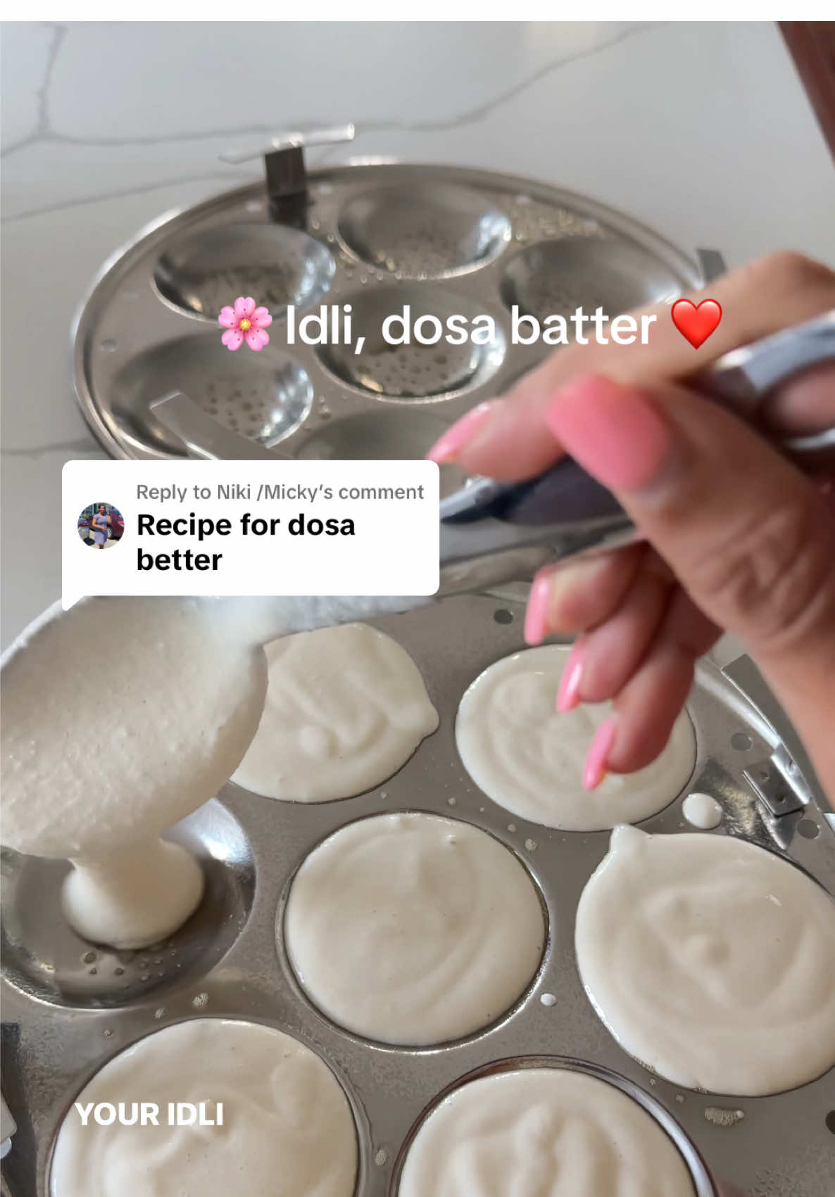 Replying to @Niki /Micky  🌸 Idli dosa  𝐁𝐚𝐭𝐭𝐞𝐫 🌸 Ingredients: - 1 cup whole Urad gota  - 4 cups of Idli rice (only use Idli rice to get soft texture) - 1 table spoon fenugreek seeds - 2.5 cups of ice cold water  Process:  - wash Daal and rice until water runs clear (this step is important to get that snowy white Idli color ) - Soak overnight or minimum 7 hours  - Now remove water in which dal and rice was soaked  - Grind them separately, I use @vitamix  - Add 1 cup cold water to grind urad (grind to very smooth consistency) - Add 1.5 cup cold water to grind rice ( Grind to fine sooji texture)  - Now mix both in big stainless steel utensils  - Mix batter with hands or spatula for 5 min (this is an important step to aid fermentation)  - If you live in colder region then add salt to batter to help with fermentation  - I am using instant pot, set IP on yogurt mode for about 12 hours and wait for magic to happen @instantpotofficial  - I keep batter in fridge and it’s good to use for 5-6 days depending on season. It also freezes well and stays good for about 3 months   I make Idli/ dosa batter once or twice a month. My son is a big fan of dosa and Idli fry.  I grew up in Gujrat where we mostly buy ready made Idli dosa batter and it wasn’t widely popular to make your own batter.  I was on same path when I moved to the US and I was buying Idli dosa batter for years before I learned and mastered how to make at home. Store bought batter is sour and sometimes it’s older than we think it is. No idea where and in what conditions it was made. I also use ready made packets in time crunch but Idli are not as soft.  #idli #dosa #browntiktok #MomsofTikTok #momof2 #homemade #Recipe #foru #fypシ 