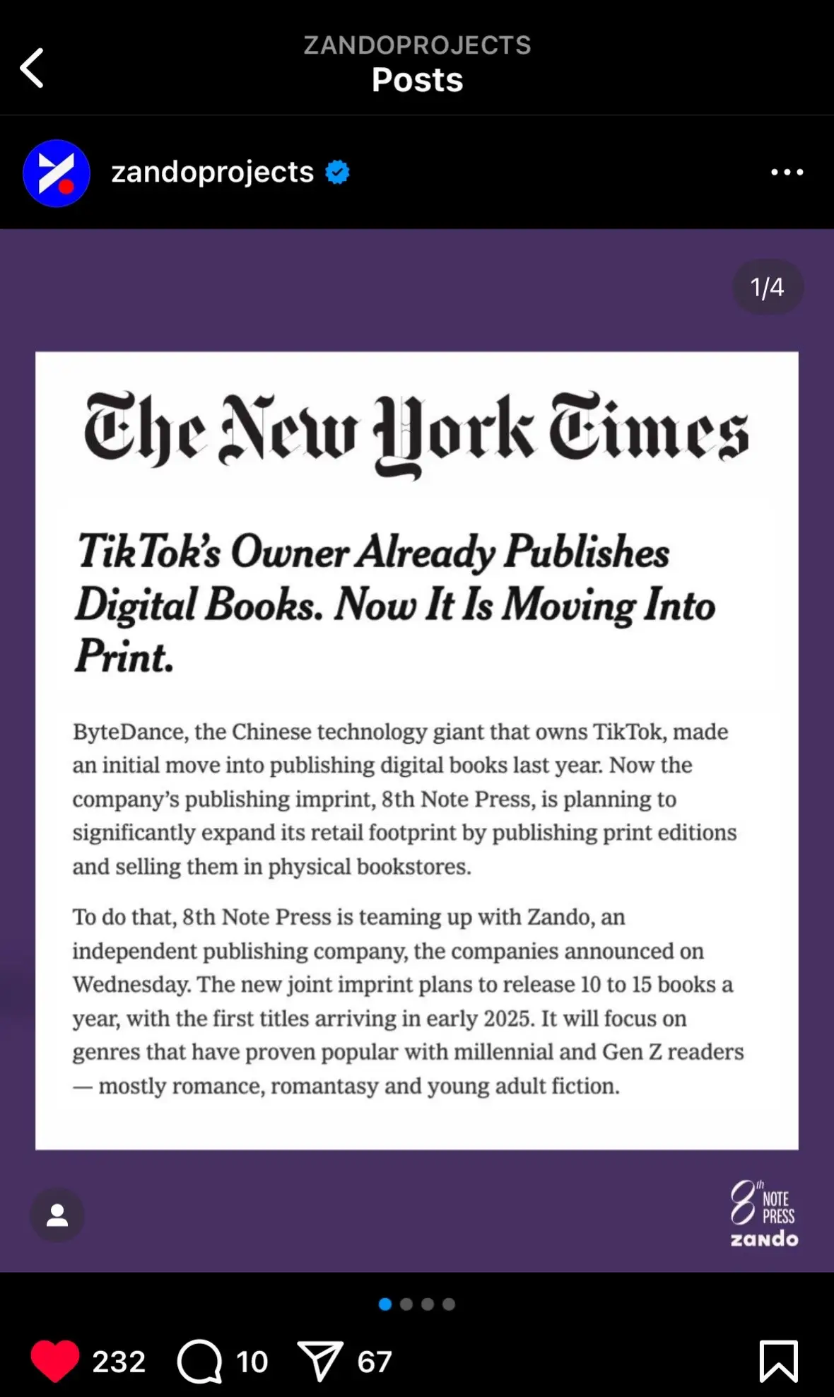 INTRODUCING: Zando x @8th Note Press! We’re thrilled to announce that we’re partnering with 8th Note Press, an emerging publisher of commercial fiction.  8th Note Press brings unique and diverse books to market, with a special focus on publishing into genres that have exploded on #BookTok. To date, 8th Note Press has exclusively published titles digitally, and through this partnership with Zando will debut its titles for the first time in print to the US through distribution both online and in brick-and-mortar retailers.    To learn more about the inaugural 8th Note Press list with Zando, head to zandoprojects.com!