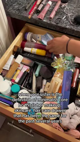 half of these products are literally just empty and sample size bc she never finishes it 😭🥲 #sisters #sister #sistergoals #minimalist #minimalisthome #cleangirl #cleangirlmakeup #makeup #affordablemakeup #fyp #fypシ #relatable 