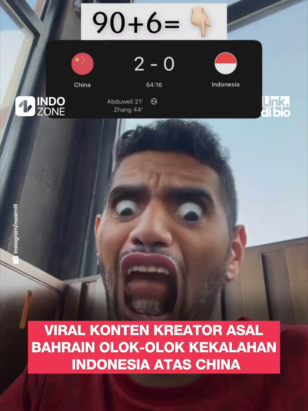 Indonesia menelan kekalahan pertama di putaran ketiga Kualifikasi Piala Dunia 2026 zona Asia ketika berhadapan dengan China. Skuad Garuda kalah 1-2 atas Tim Naga. Gol balasan Indonesia dicetak oleh Tom Haye pada menit ke 86, membuat skor menjadi 2-1 hingga peluit panjang dibunyikan. Hasil ini tentu membuat Indonesia tertahan di peringkat 4, dimana Timnas Garuda hanya unggul selisih gol dari China yang masih berada di dasar klasemen. Kekalahan di kandang China ini ternyata langsung direspon oleh konten kreator asal Bahrain dengan akun Instagram @/noaimi9. Ia mengunggah video yang mengejek Indonesia tertinggal 2-0 atas China di babak pertama. Aksinya itu lantas membuat marah netizen Indonesia, apalagi konten kreator tersebut menggunakan backsound Indonesia Raya. [Baca berita selengkapnya dengan KLIK tautan di BIO]⁠