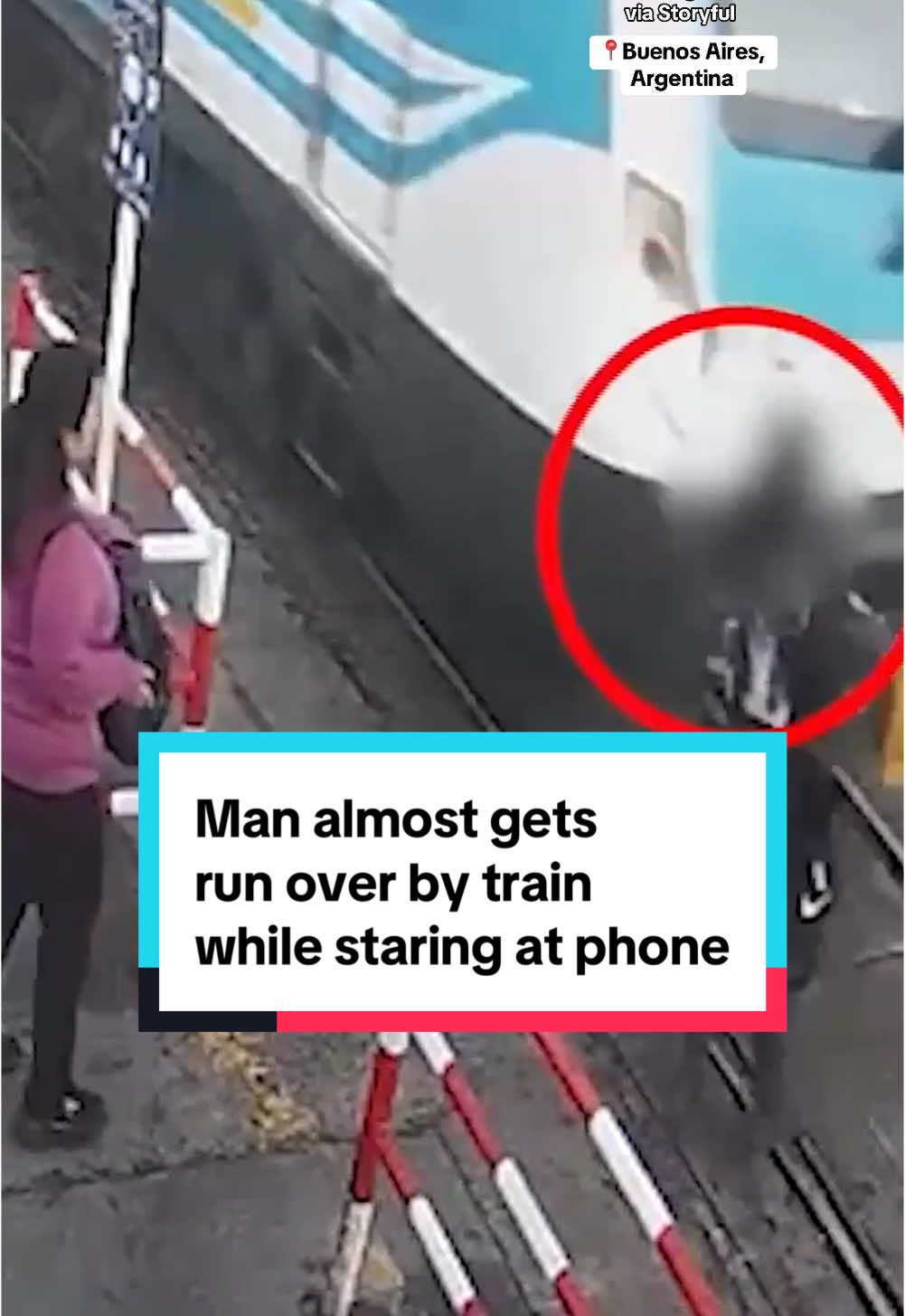 A man nearly got crushed by a train in Buenos Aires, Argentina, as he was crossing tracks while staring at his phone. However, the man backed up just in time and the train only appeared to hit his hand. #argentina #buenosaires #train 