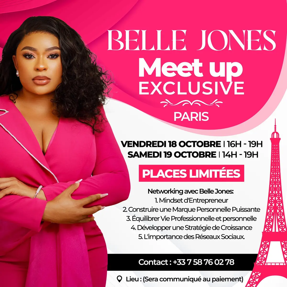 RDV demain et Samedi pour un meet & greet exceptionel 🗣️🗣️🗣️🗣️  Reserve ta place ici: https://my.weezevent.com/meet-and-greet-avec-belle-jones Paris, préparez vous pour une rencontre exceptionnelle ! ✨️ Le samedi 19 octobre, Belle Jones, influenceuse de renom, entrepreneure visionnaire et business mindset coach, fait une halte exclusive dans la Ville Lumière !  Rejoignez-nous pour un moment inspirant et intime dans un loft cosy où vous aurez l'occasion unique de rencontrer Belle en personne. 🎟️ Places limitées, réservez vite et venez plonger dans l'univers de cette femme d'exception! ✨ Transformez vos ambitions en réalités. Vous ne voudrez pas manquer ça !