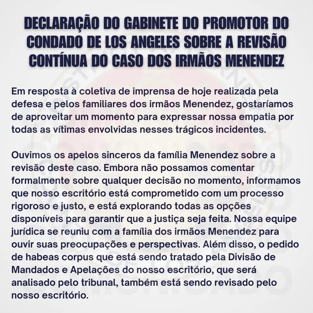 Declaração do Ministério Público do Condado de Los Angeles sobre a revisão em andamento do caso dos irmãos Menendez. #freemenendezbrothers #menendezcase #irmaosmenendez #lylemenendez #erikmenendez #fyp #justiceformenendezbrothers #menendezjustice #menendezbrothers 