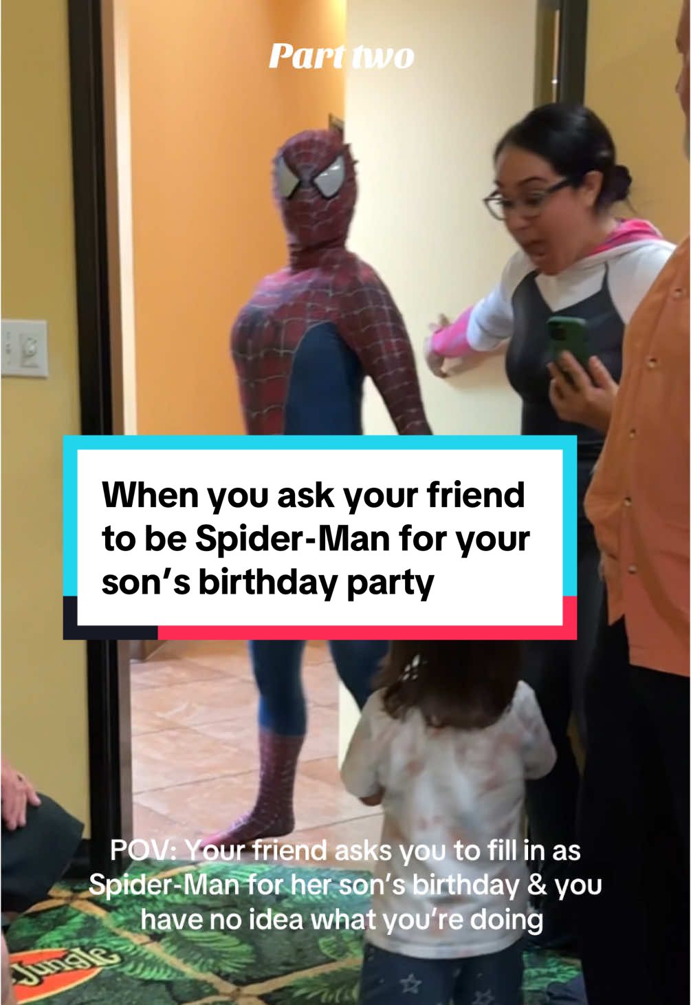 Part Two: At first the kids were hesitant then they ended up liking this Temu version of Spider-Man 😆  1 tight shirt & 3 sports bras later, I think I looked pretty Spider Man-ish. Maybe minus the moves…  #spiderman #cosplay #Girlspiderman #birthdayparties #superhero 