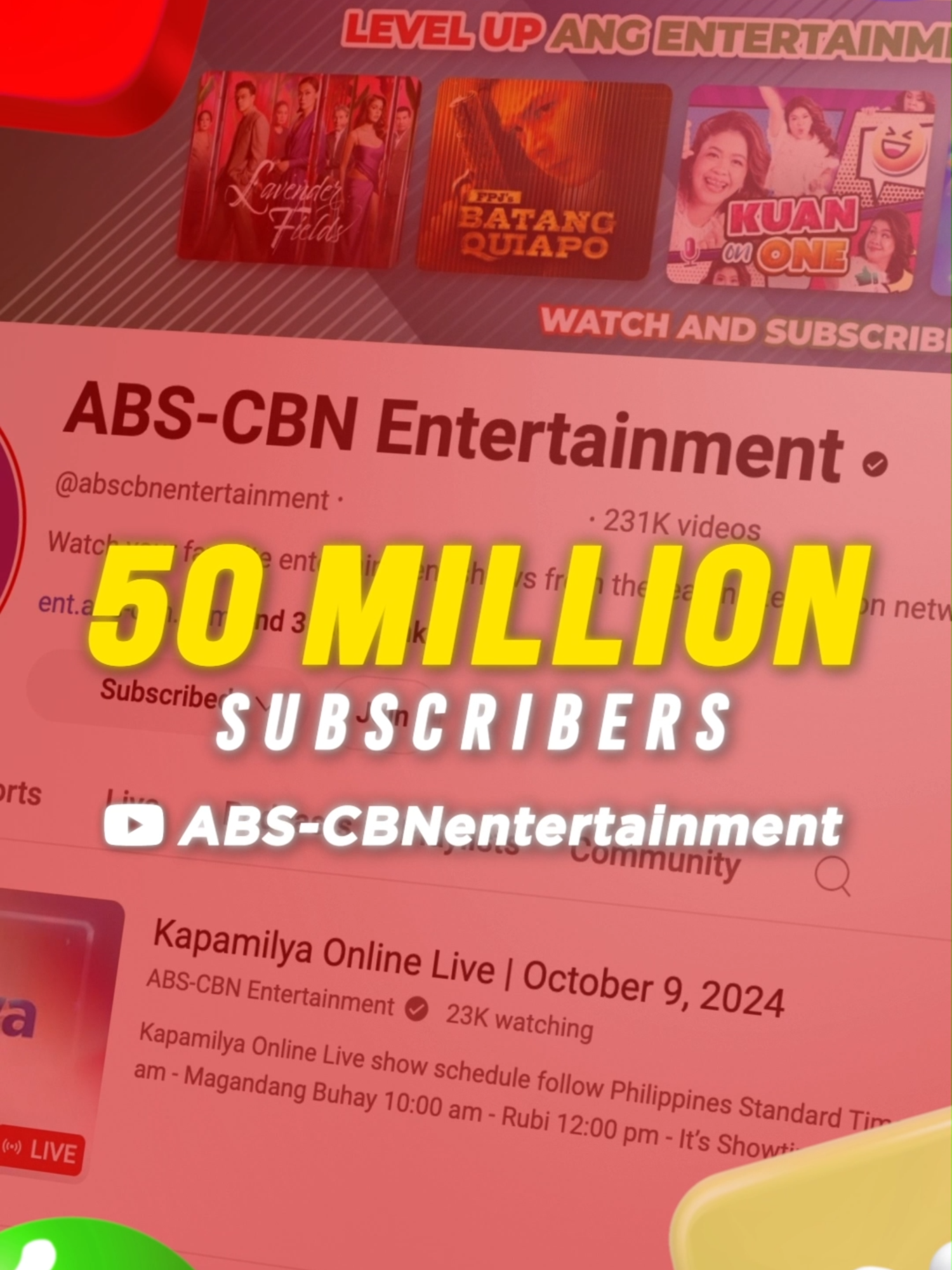 50 MILLION YOUTUBE SUBSCRIBERS! 😱 Bawat isa sa inyo ay bahagi ng ating lumalaking tahanan at kami ay nagpapasalamat sa bawat isa sa inyo! Inspirasyon namin kayo sa paghahatid ng saya sa lahat ng Kapamilya sa buong mundo! ❤️💚💙 Subscribe na to watch your fave Kapamilya shows, movies, and originals on ABS-CBN Entertainment Channel!