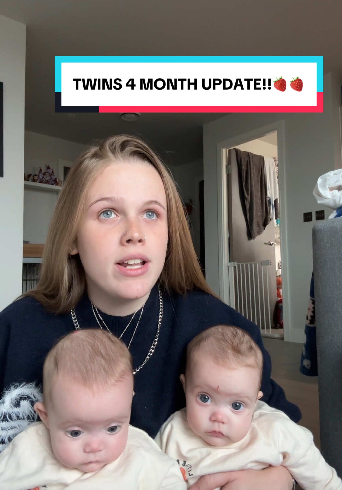 Twins 4 month update!!🍓🍓 #babyupdate #4monthsold #fyp #maternityleave #twingirls #twinsoftiktok #twinsister #dcdatwins #csectionmum #csectiondelivery #prembabies #premeturebaby #stawberry #makeusfamous #family #newfamily #youngmum #youngparents #twinparents 