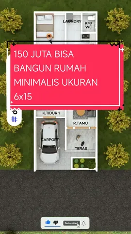 denah rumah 6x15 konsep minimalis carport, ruang tamu, 2 kamar tidur, dapur dan minibar, area laundry, dan taman untuk sirkulasi udara didalam ruangan #rumahidaman #rumahminimalis #denahrumahminimalis #denahrumahsederhana #denahrumah6x15 #jasadesainrumah #jasadesain  #desainrumahterbaru  #bangunrumah 