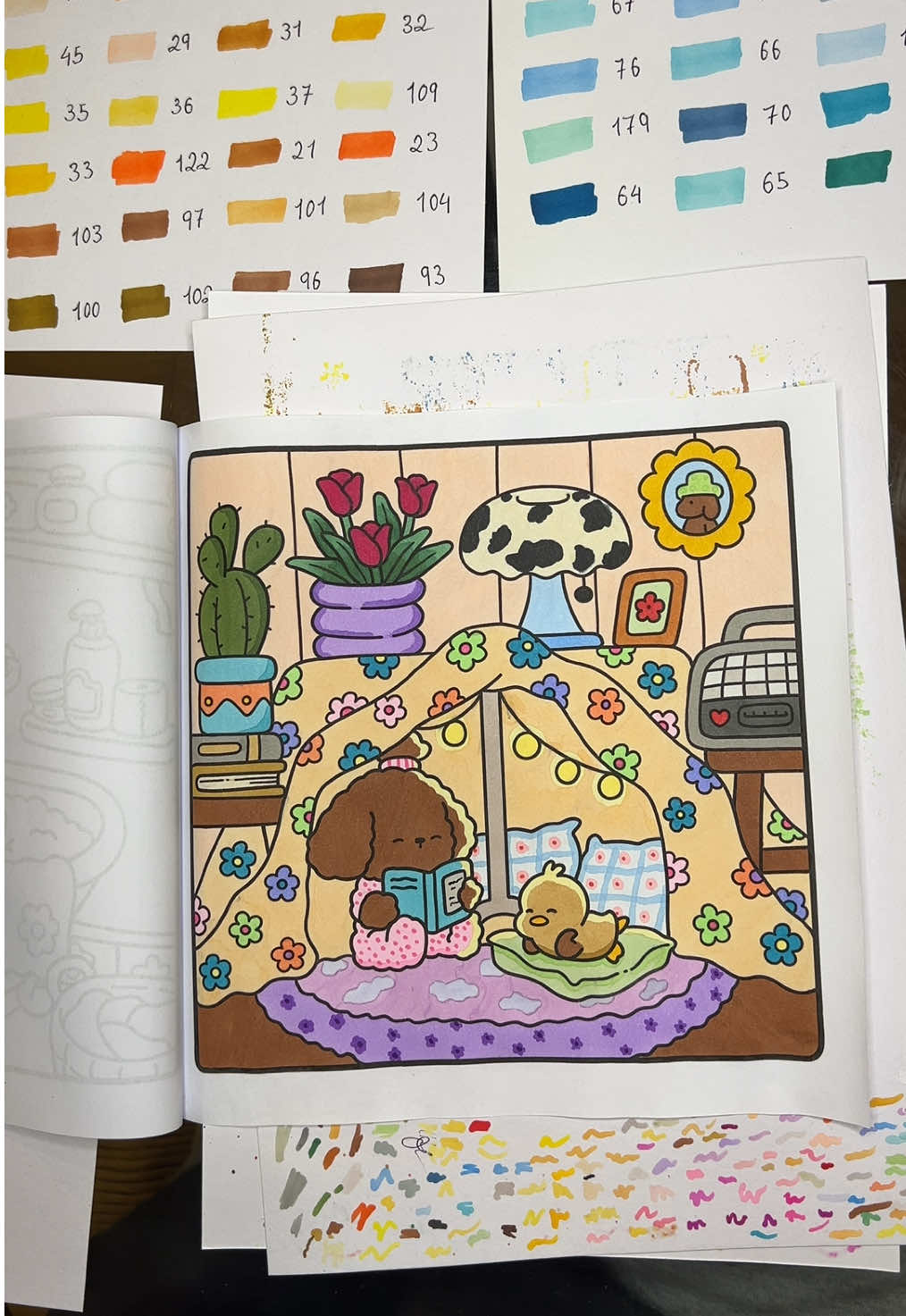 Day 8 | this page is so cute and cozy. I’m also getting a lot more comfortable colouring with the markers and still learning how to add highlights and shadows #colorwithme #coloringbook #cocowyocoloringbook #cozyfriends #cozycoloring #arttherapy #colpartmarkers #alcoholmarkarkers #cocowyo 