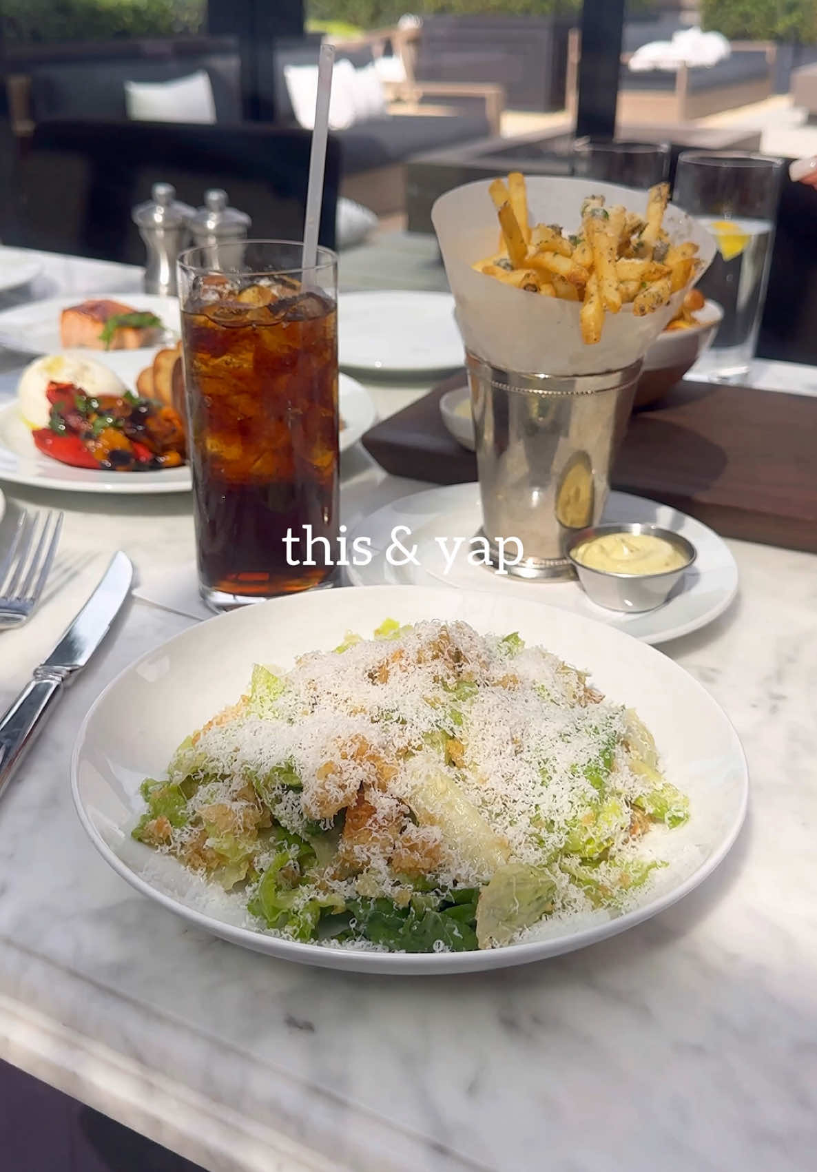 Bury me in caesar salad & truffle fries. #rhcafe #restorationhardware #thisandyap #girldinner #trufflefries #caesarsalad #girlsnight #FoodTok #foodies #girlythings #frenchfries 