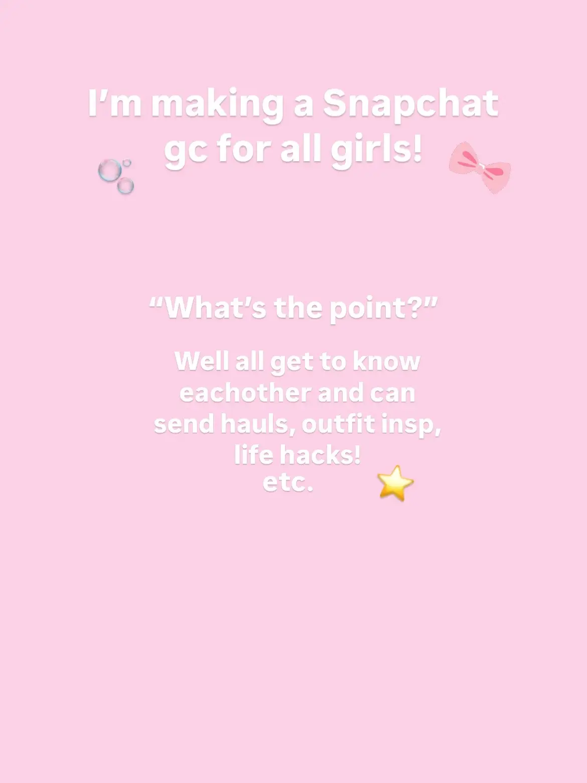 gc for all girls around the world! On snapchat ✌️ #fyp #foryourpage #gc #girls #forgirlsonly #girlygirl #hauls #grwms #fyy #relatable #snapchat 