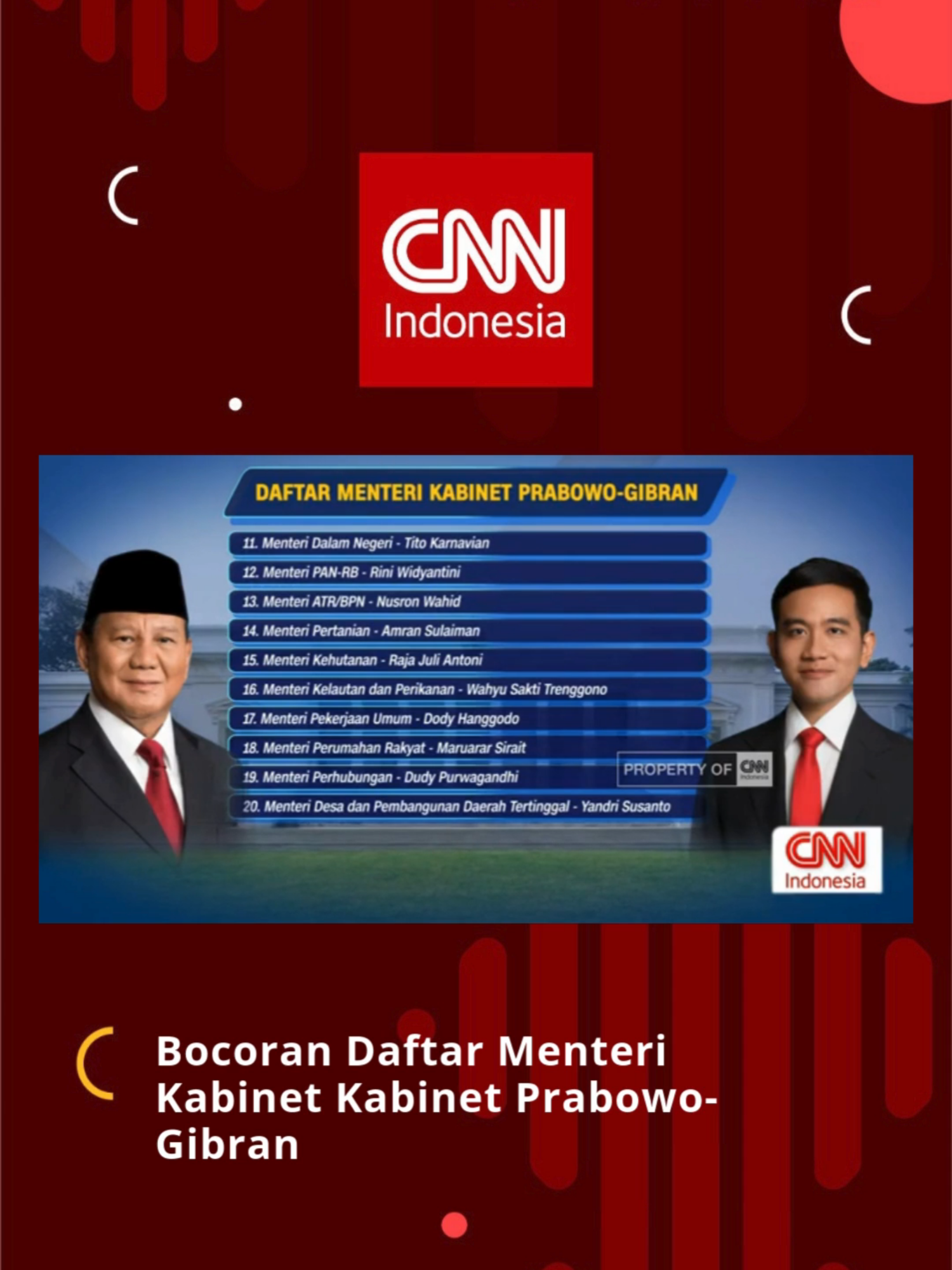 Presiden Prabowo Subianto akan mengumumkan susunan kabinet menteri di Istana malam ini, Minggu (20/10). Daftar nama menteri yang diumumkan oleh Prabowo merupakan orang-orang yang akan membantunya selama pemerintahan periode 2024-2029. Wakil Ketua DPR RI Sufmi Dasco Ahmad menyatakan susunan kabinet Prabowo diumumkan malam ini sehingga para menteri itu bisa langsung dilantik besok pada Senin (20/10) pagi. #KabinetPrabowoGibran