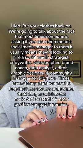 I’ve said it dozens of times and I’ll say it again… Unless your only job is to press post & reply to comments, you are not a Social Media Manager so stop calling yourself one. I’ve been a “Social Media Manager” since 2013 and if one thing is for sure, people devalue what you do if you call yourself that and it’s a shame…and I know you do more than post so with that said… If you’re coming up with content ideas & editing & tracking data & studying trends, here are other titles for you so you can charge more: - Chief Content Officer - Social Media Marketing Director - Social Media Content Editor - Social Media Strategist  - Content Strategy Manager The list goes on…what would you add?? #socialmediamanager #socialmediamarketing #marketing #socialmediamarketer #socialmediastrategist 