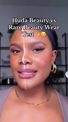 Replying to @Masa 🇵🇸🇯🇴 Now on to the wear test. Huda Beauty vs Rare Beauty. Which side do you prefer? 😊✨ #beauty #makeup #makeupchallenge #rarebeauty #hudabeauty #makeuptok #fyp 