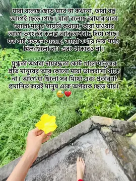 যারা বলেছে ছেড়ে যাবে না কখনো, তারা বহু আগেই ছেড়ে গেছে। যারা বলেছে আমার মতো ভালো মানুষ পায়নি কখনো, তারা যাওয়ার আগে ভয়ংকর কলঙ্ক আর অপবাদ দিয়ে গেছে। যত যাই যতজন বলেছে, কারো কথার শেষ পর্যন্ত মিল ছিলো না। এবং থাকবেও না। মুগ্ধতা অথবা দায়বদ্ধতা কেটে গেলে মানুষের প্রতি মানুষের আর কোনো মায়া ভালবাসা থাকে না। আগে যা ছিলো সব মিথ্যে এবং প্রতারণা প্রমানিত করেই মানুষ একে অপরকে ছেড়ে যায়। 😅💔#foryou #foryoupage #fyp #viral #video #Love 