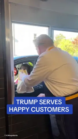 Donald Trump serving up some seriously happy customers at a McDonalds in Pennsylvania.  Serving a little more than french fries Trump said he’s always wanted to work at a McDonald’s, taking jabs at Kamala Harris after he accused her claims that she once worked in a McDonald’s ’phony’.  🎥X/MargoMartin #trump #republican #kamala #harris #democrat #mcdonalds 