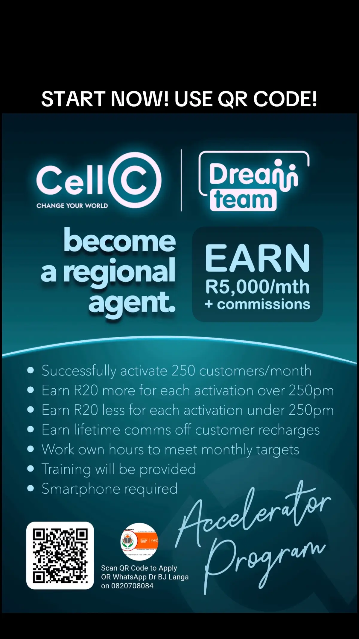 I, Dr Zwide Ka Langa am an official partner of Dream Team and Cell C is my brand partner. I partnered with Cell C in order to create more JOBS practically for our communities; for the youth, elderly and practically everyone who is determine to change the status quo and eradicate poverty. CELL C is a South Africa company which decided to to share its proceed with the citizens, rather than big businesses. SCAN THE QR CODE TODAY & START WORKING or SEND A WHATSAPP MESSAGE and START YOUR BUSINESS TODAY.  #jobs #employment #business #southafrica #fyp #fypシ゚ #1millionviews #1millionjobs #saecdtu