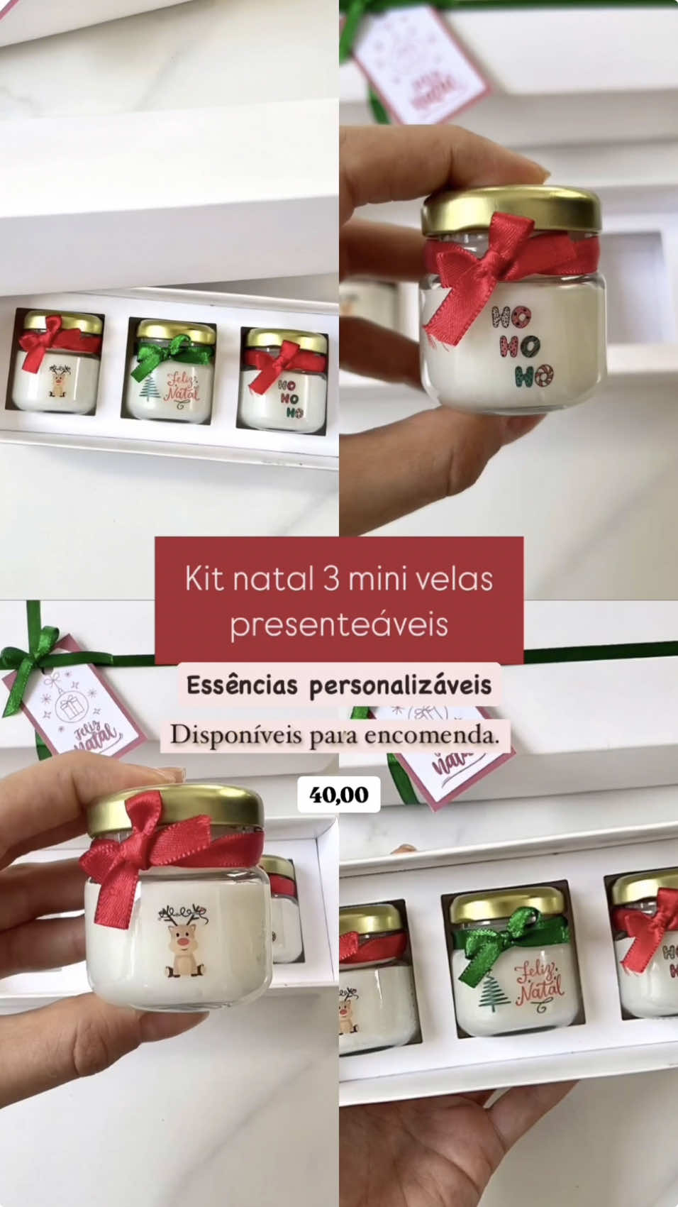 Spoiler da nossa colecao de presentes de natal. Pensamos em um kit com três velas de 40g no vidro com essa embalagem linda que vaj ser entregue com muito amor.  Três mini velas com duas essências exclusivas de natal e uma personalizável.  Descrição olfativa: • Essência Silent Night Florest Família Olfativa: Amadeirada  A essência combina cedro e patchouli com madeiras nobres, criando uma atmosfera acolhedora. Finalizada com musk e sândalo, é a fragrância perfeita para evocar a magia do Natal. • Essência Cookies at Christmas  Família Olfativa: Oriental Gourmand  Se você adora entrar no clima natalino e deseja trazer o espírito festivo para a sua casa, nossa essência Cookies de Natal é perfeita para você! Ela irá transportá-lo para a magia do Natal, oferecendo um aroma delicioso de Cookies de Natal recém-assados. • Para a terceira opção, você pode escolher entre: baunilha, cereja e avelã, ponkan, flor de cerejeira, lavanda, bamboo e chá branco, manga verde ou manga verde e baunilha.  Por apenas: 40,00 a unidade e 35,00 a partir de 10 unidades