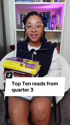 My top ten reads from quarter 3. | I missed y’all 🥰 I’ve been a little under the weather but I’m feeling much better now.  • • #CurvyGirlSummer #Yellowface #HungerGames #MissWiggins #ChildrenOfBloodAndBone #MothToAFlame #TheNightingale #WhiteNights #bookreview #bookrecommendation #bookreaction 