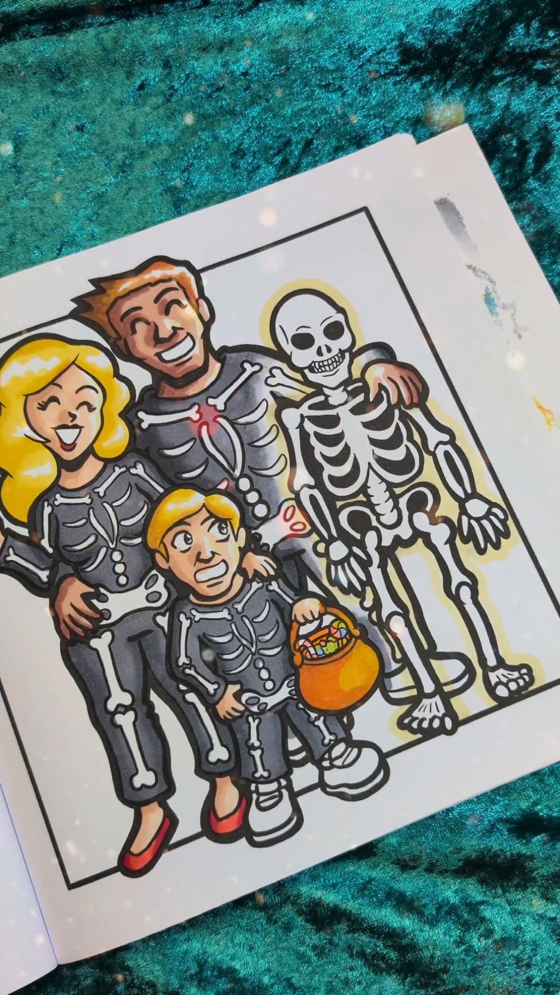 Let's color a family of Skeletons going Trick or Treating for Halloween! 💀🎃 #colorwithme #coloring #coloringbookforadults #halloweenvibes #skeleton #family 