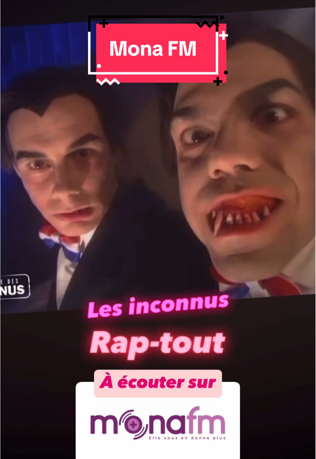 1991 | Les Inconnus | Rap-tout Dans cette chanson, les Inconnus tiennent le rôle de trois frères, Urssaf, Camcras et Carbalas, des vampires qui « rapent » tout. Le terme « Rapent tout » est un jeu de mots sur les frères Rapetou, personnages de Disney, des bandits qui tentent incessamment de voler de l'argent dans le coffre de Picsou ; de plus, le mot « rapent » est utilisé à double sens : les frères chantent le rap et font subir un « rapt fiscal » aux citoyens français. #monafm #lesinconnus #raptout #lateledesinconnus #1991 #nostalgie #souvenir 