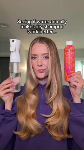 I randomly remembered this hack going viral a couple years ago and I wanted to try it again… The idea is that misting water on top of dry shampoo somehow gives you better results. Visually, I do notice less separation on the side that I sprayed with water, but to be fair the other side had more separation to begin with so that could be why. To the touch, I actually did notice a difference- there was less residue and just a “cleaner” feel, even though spraying water on your roots doesn’t clean them. I saw @sciencemeetscosmetics share a theory when the micellar water hack was going around that the improvement seen could actually have something to do with blow drying potentially removing the micelles from our hair. Now that’s making me wonder if that’s really what is going on here? Longer blow drying required to dry the wet hair = somehow more residue removed? If any chemists happen to be reading this- what do you think? #haircare #hairhacks #hairhack #dryshampoo