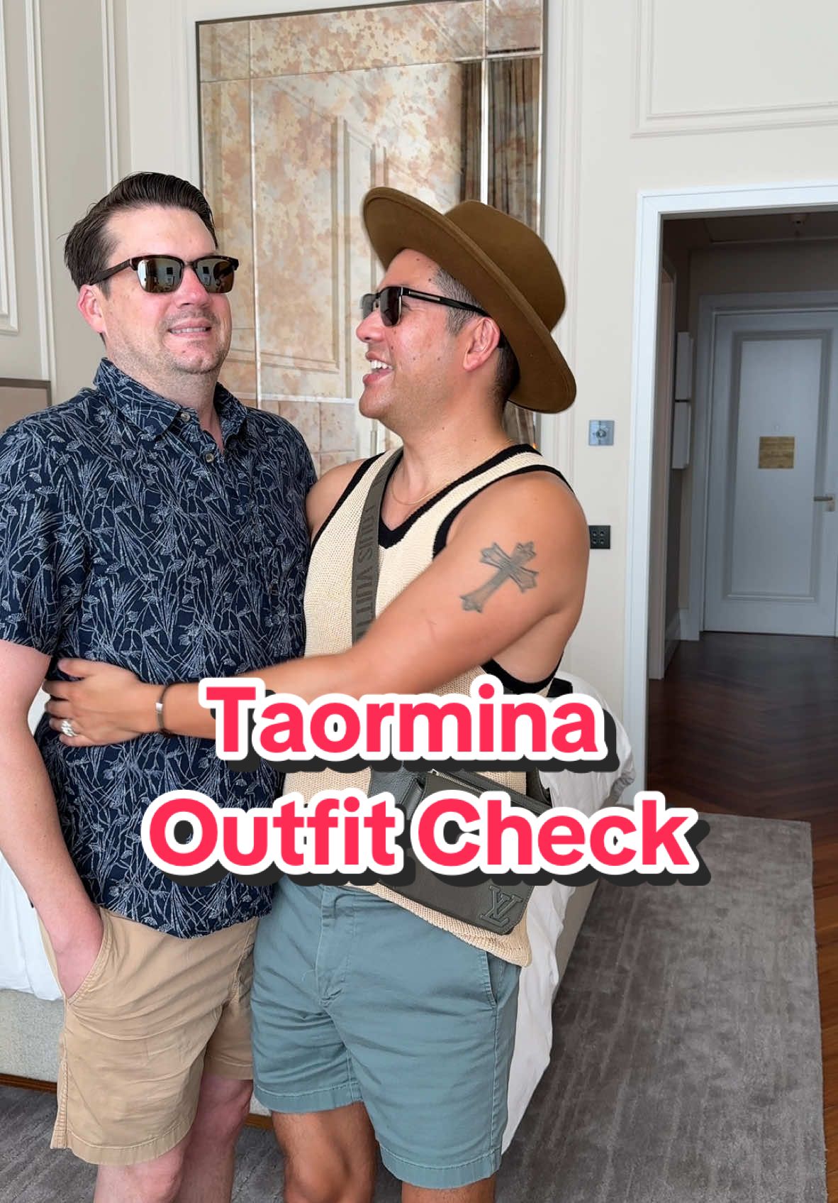 Another fun #outfitcheck as we explore the beautiful town of Taormina in Sicily #OOTD #mensfashion #outfitinspo #sicily #italy #taormina #husbands #twodads #mensoutfit #sandomenicopalace #birthdayboy #itsbryanandchris 