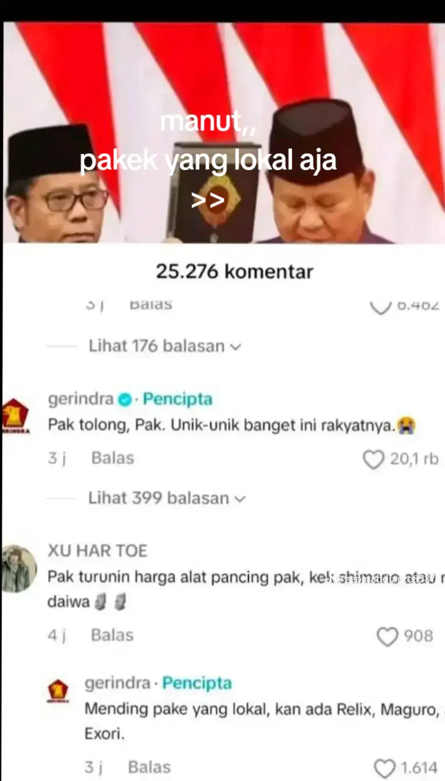 manut komentar Gerindra, mending pakek lokal aja, tapi setuju si pak kalau harga alat pancing di turunkan 🤣😆 #prabowopresiden2024  #storymancing  #anglercasting  #fypageシ 